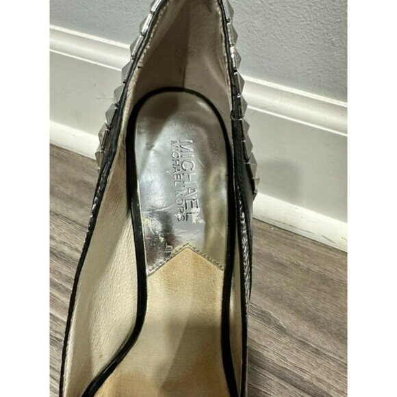 Michael Kors ELLA PEEP‎ Toe Black White Silver Studded Leather Heel Shoe Sz 9 - Picture 8 of 8